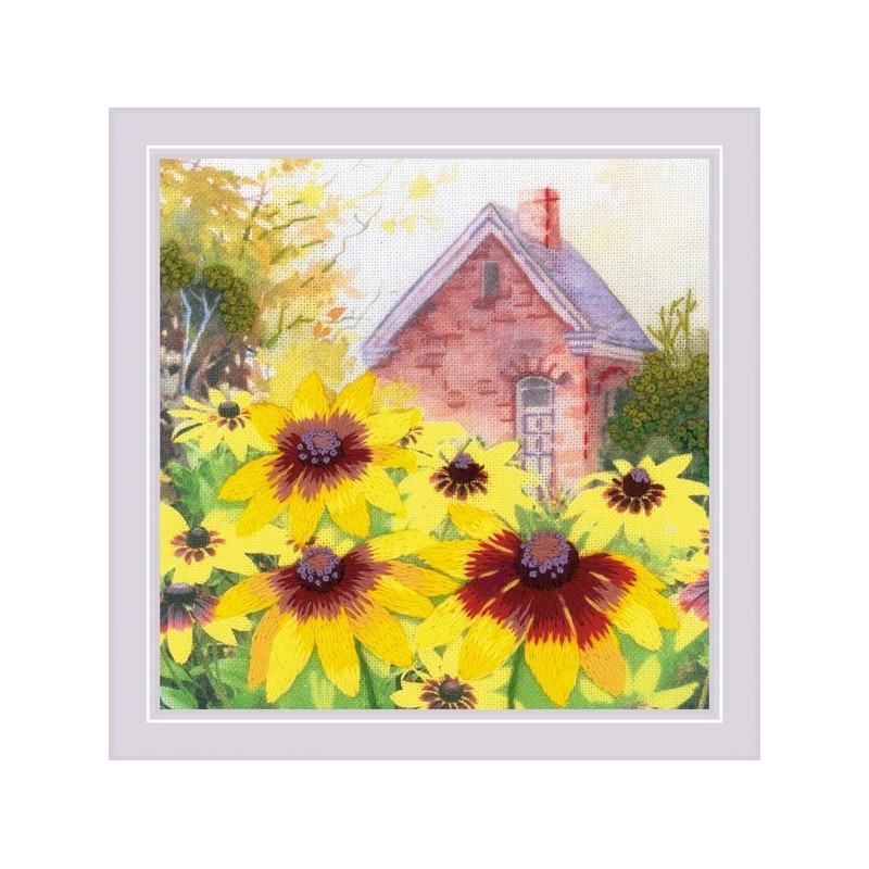 Borduurpakket Rudbeckia in de tuin. Satijnsteek Borduurpakket Rudbeckia in de tuin. Satijnsteek