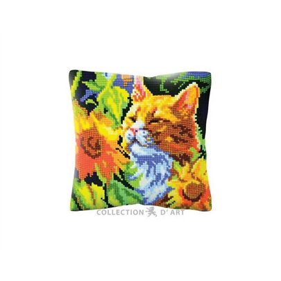 Borduurkussen Kat in zonnebloemen 5502